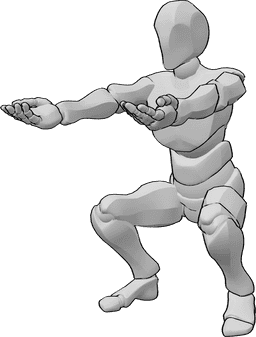 Pose Reference- Male yoga deep squat pose - Male is doing yoga, doing a deep squat, arms outstretched, palms facing up