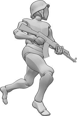 Référence des poses- Pose de l'arme à feu de l'armée - Homme casqué courant avec un AK47, le tenant à deux mains et tournant à gauche.