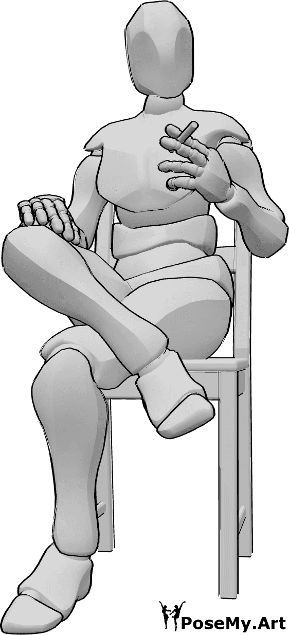 Pose Reference- Male sitting smoking pose - Male is sitting on a chair and smoking cigarette, holding it in his left hand