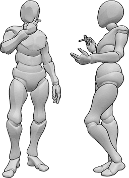 Pose Reference- Having conversation smoking pose - Female and male are standing and having a coversation while smoking
