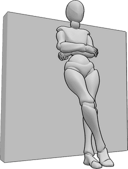 Referência de poses- Pose de mulher inclinada - A mulher está encostada à parede com as pernas cruzadas e a olhar para a frente