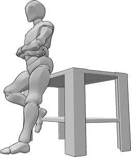 Pose Reference- Male leaning table pose - Male is leaning on the table, his arms are crossed and he is looking forward
