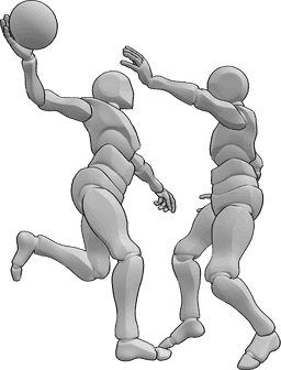 Pose Reference- Male players passing pose - Two males are playing handball, one of them is jumping and passing the ball