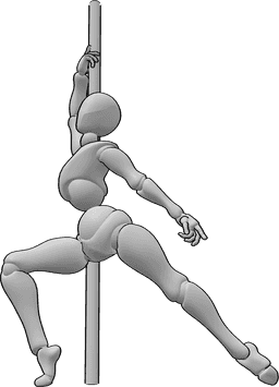 Pose Reference- Pole dancer pose - Female pole dancer is standing and posing, holding the pole with her right hand