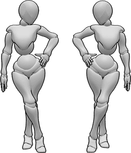 Pose Reference- Females standing with legs crossed - Females standing with legs crossed looking at each other (looking at the mirror of herself)