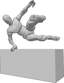 Pose Reference- Parkour jumping obstacle pose - Male is jumping over an obstacle, leaning on the edge of the object with his right hand, swinging his legs high while jumping