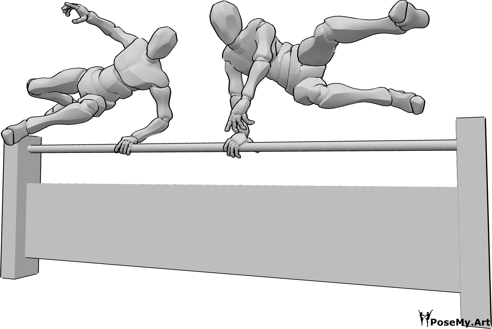 Pose Reference- Jumping over barrier pose - Two males are jumping over a barrier, parkour jumping pose