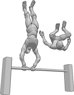 Pose Reference- Parkour exercising pose - Two males are exercising, one of them is handstanding on a barrier, the other one is doing a front flip