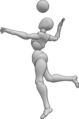 Référence des poses- Pose de volley-ball de la main droite - La femme saute pour frapper le ballon d'une main et frappe le ballon de volley-ball de la main droite.