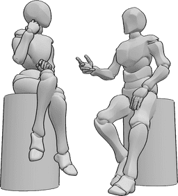 Pose Reference- Sitting talking flirting pose - Female and male are sitting on chairs and talking, flirting