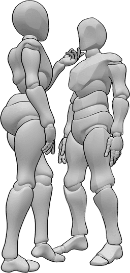 Référence des poses- Pose de flirt féminin - Une femme et un homme sont debout, la femme flirte avec l'homme en lui caressant le visage.
