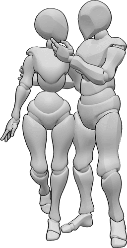 Référence des poses- Pose de drague masculine - Une femme et un homme sont debout, l'homme flirte avec la femme en lui caressant le visage.