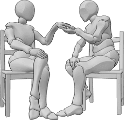 Référence des poses- Pose de la main qui s'embrasse - Une femme et un homme sont assis sur des chaises, l'homme s'apprête à embrasser la main de la femme.