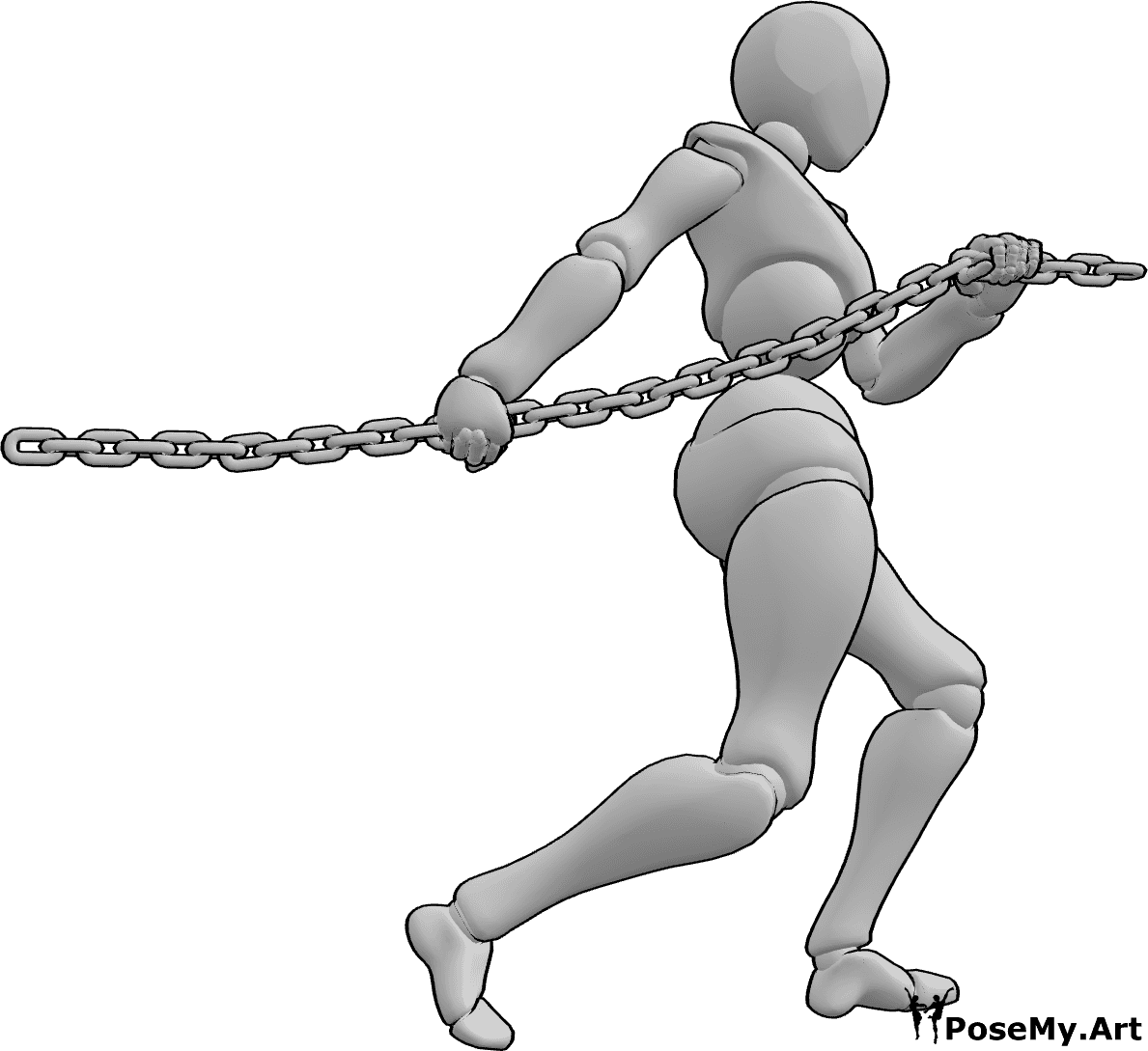 Pose Reference- Female walking pulling pose - Female is walking and pulling a chain with two hands