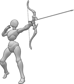Riferimento alle pose- Posa femminile della freccia da tiro - Donna in piedi che scocca una freccia con l'arco nella mano sinistra