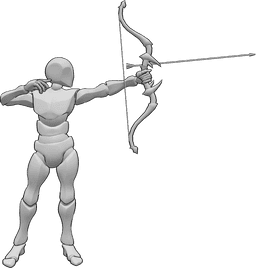 Riferimento alle pose- Posa maschile della freccia - Uomo in piedi che scocca una freccia con l'arco nella mano sinistra