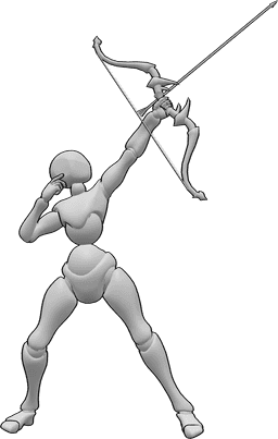 Pose Reference- Female shooting upwards pose - Female is standing and shooting her arrow upwards with the bow in her left hand