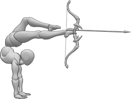 Riferimento alle pose- Posa acrobatica di tiro - Posa acrobatica di tiro con l'arco, la donna si regge con le mani e tira con i piedi