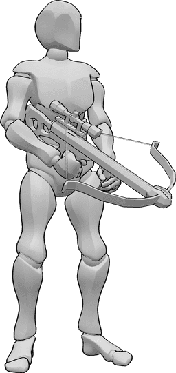 Pose Reference- Male crossbow pose - Male is standing with a crossbow, holding it with two hands and looking to the left