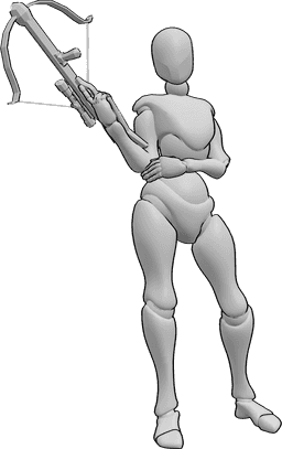Pose Reference- Female holding crossbow pose - Female is standing and holding a crossbow in her right hand and looking to the right