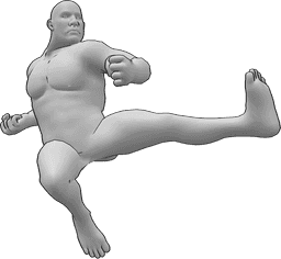 Pose Reference- Brute male kicking pose - Brute male is kicking with his left foot from running, his hands clenched into fists