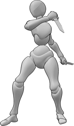 Pose Reference- Female daggers attacking pose - Female is standing and holding two daggers, turning to the right to attack