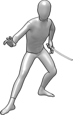 Pose Reference- Ninja leaning pose - Ninja leaning forward while holding a katana sword pose