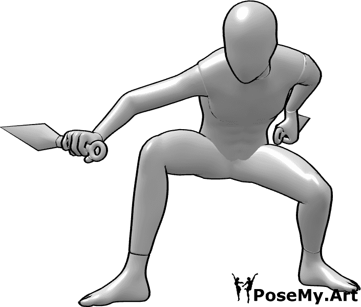 Pose Reference- Ninja crouching pose - Ninja crouching while holding two kunai knives pose