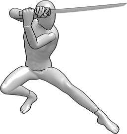 Pose Reference- Ninja preparing to fight pose - Ninja crouching while holding a katana above head, preparing to fight pose
