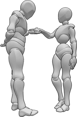 Référence des poses- Pose polie du baiser de la main - Une femme et un homme se trouvent l'un en face de l'autre et l'homme embrasse poliment la main de la femme.