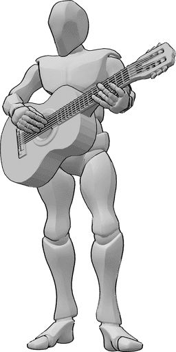Referencia de poses- Postura de pie tocando la guitarra - Hombre de pie tocando la guitarra acústica, sujetando las cuerdas con la mano izquierda.