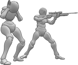 Pose Reference- Female male shooting pose - Male is shooting and male becomes scared