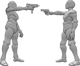 Référence des poses- Les hommes armés posent - Deux hommes pointent leurs armes l'un vers l'autre