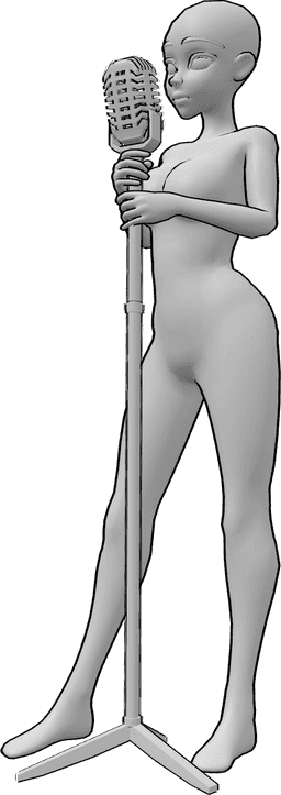 Pose Reference- Anime singing pose - Anime female is standing and singing, holding the microphone stand with both hands