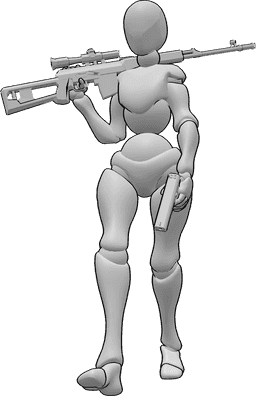 Référence des poses- Pose d'une femme tenant des armes - Femme marchant avec deux pistolets pose
