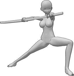 Pose Reference- Anime female katana pose - Anime female is half crouching, looking left and slowly pulling her katana out of its sheath