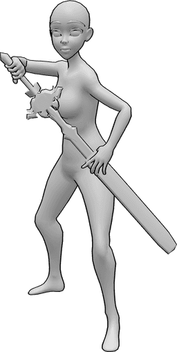 Riferimento alle pose- Posa del fodero della spada in stile anime - Una donna anime estrae la spada dal fodero.