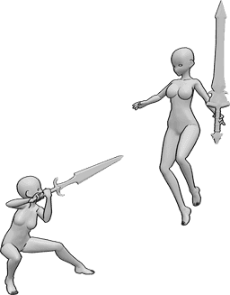 Referencia de poses- Anime hembras luchando pose - Hembras de anime preparándose para la lucha posan