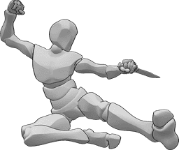 Pose Reference- Side kick attack pose - Male is attacking, jumping high and side kicking, holding a dagger