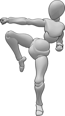 Posen-Referenz- Weibliche Karate-Pose - Frau mit ihrem rechten Bein in der Luft Karate-Pose