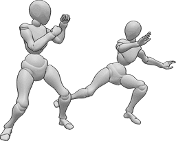 Pose Reference- Females fighting kick pose - Two females are fighting, one of them kicks the other female pose