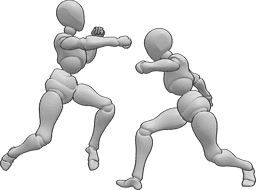 Pose Reference- Females fighting punch pose - Two females are fighting, one of them is jumping and punching
