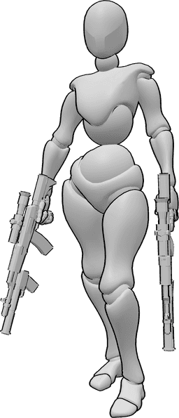 Pose Reference- Two guns pose - Confident female is standing and holding two guns pose