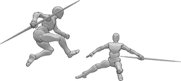 Pose Reference- Fighting staffs jump pose - Two males are fighting with staffs, one of them is jumping pose