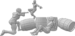 Pose Reference- Battle barrels cover pose - Three males with guns in a battle, taking cover behind barrels pose