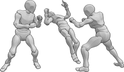 Pose Reference- Three males fight pose - Three males are fighting, one of them falls