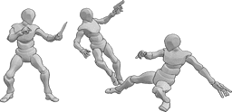 Pose Reference- Gun dagger fighting pose - Three males are fighting, holding a gun and a dagger, one of them falls from a kick