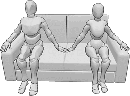 Referencia de poses- hombre y mujer sentados en un sofá cogidos de la mano - hombre y mujer sentados en un sofá cogidos de la mano
