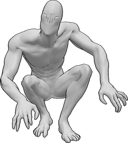 Pose Reference- Crouching zombie alien pose - Creepy zombie is crouching and waiting to catch its victim pose