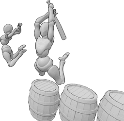 Pose Reference- women jump attack from barrels - two women jump from barrels, one with bat, legs to the back